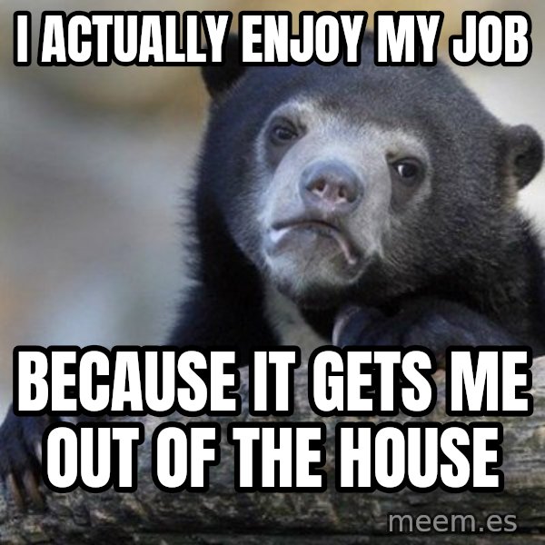 Confession Bear meme: i actually enjoy my job / because it gets me out of the house
