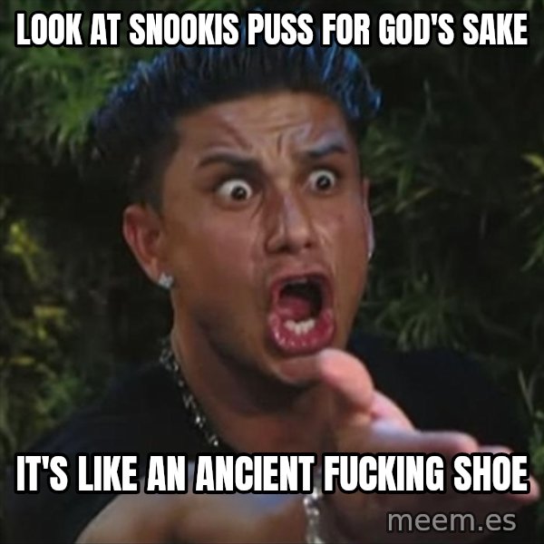 Pauly D meme: look at snookis puss for god's sake / it's like an ancient fucking shoe