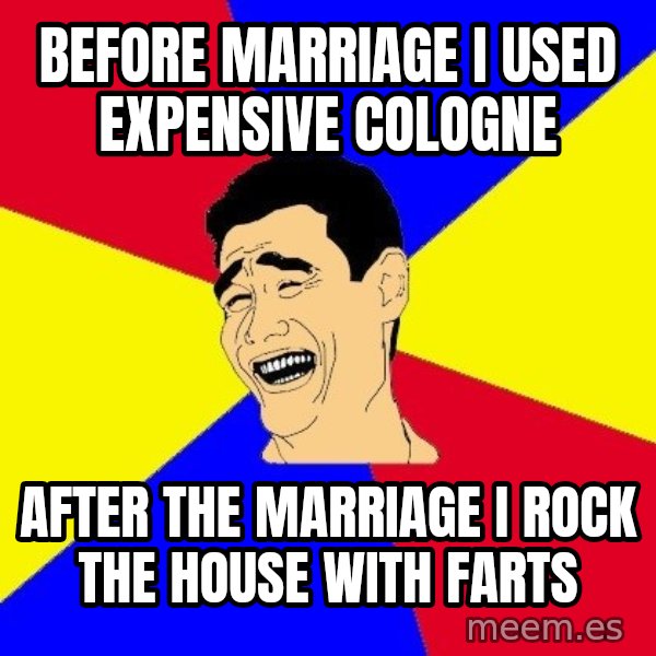 journalist meme: before marriage i used expensive cologne / after the marriage i rock the house with farts