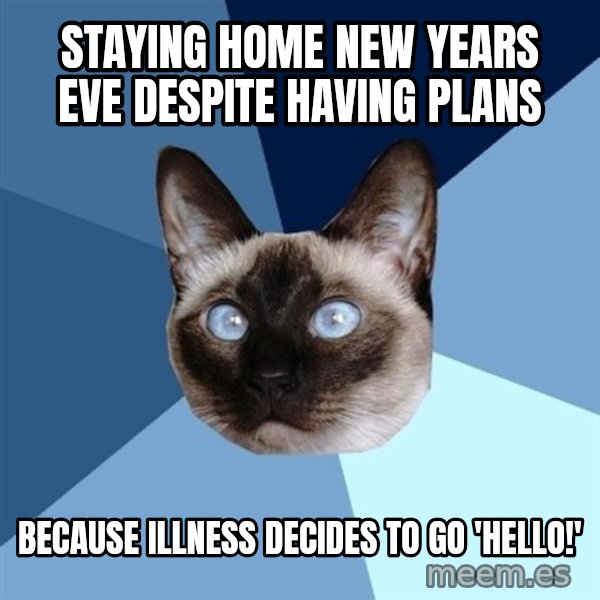 Chronic Illness Cat meme: staying home new years eve despite having plans / because illness decides to go 'hello!'