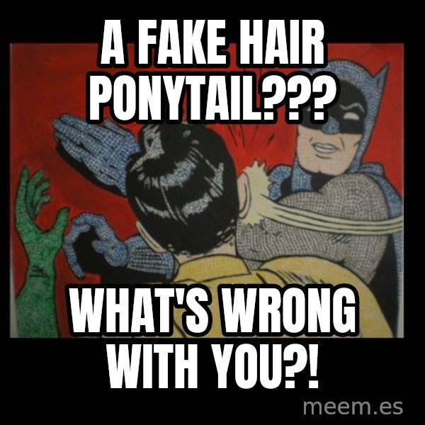 batman slap robin meme: a fake hair ponytail??? / what's wrong with you?!