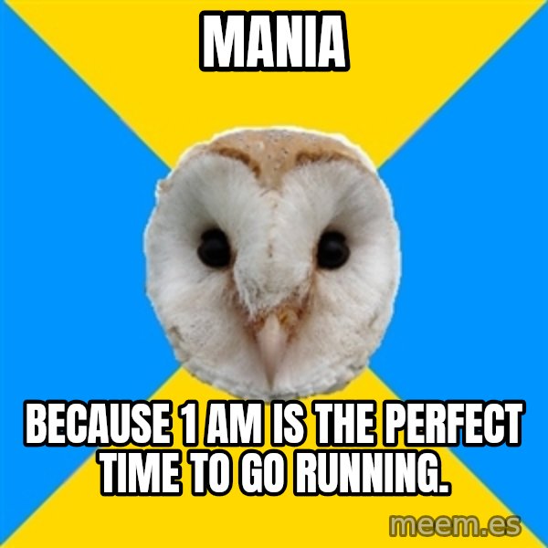 Bipolar Owl meme: Mania / Because 1 am is the perfect time to go running.