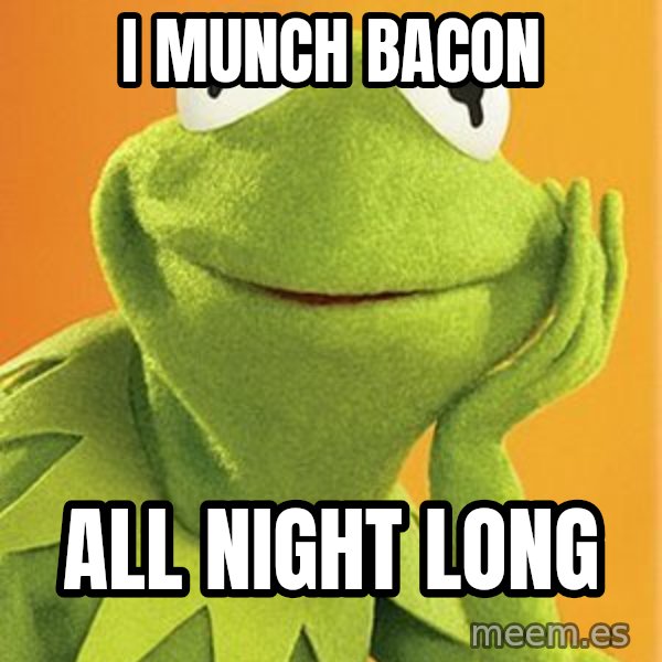 Kermit the frog meme: I MUNCH BACON / ALL NIGHT LONG