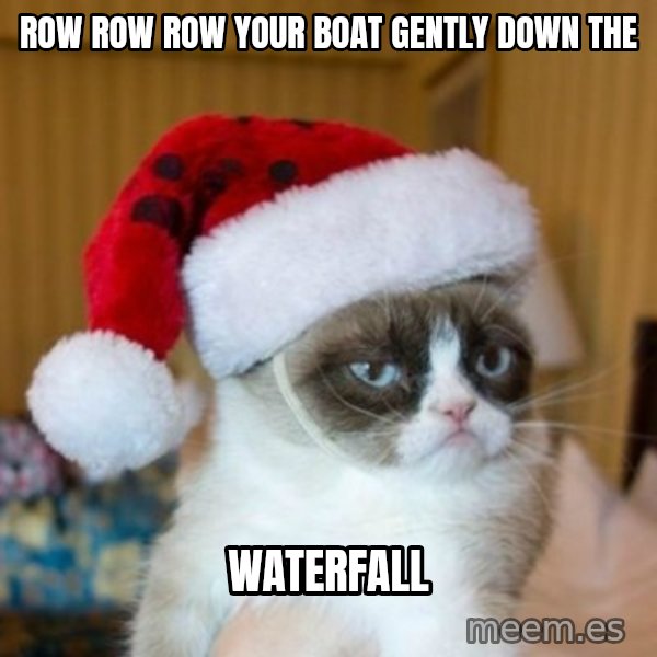 Grumpy Cat Santa Hat meme: ROW ROW ROW YOUR BOAT GENTLY DOWN THE / WATERFALL