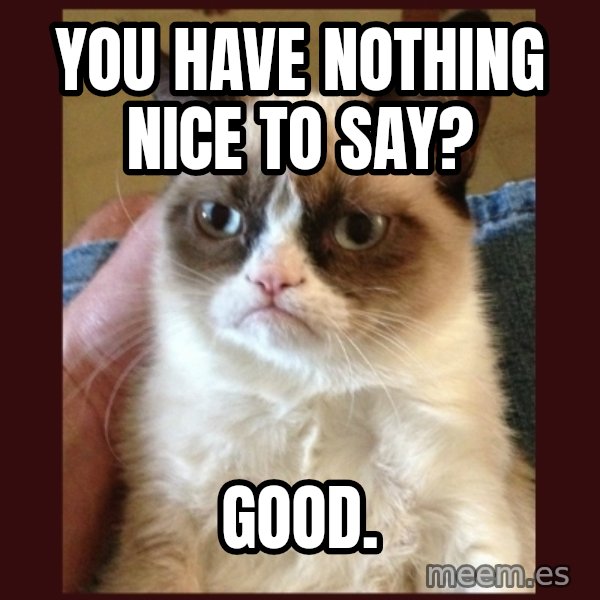 Grumpy Cat  meme: You have nothing nice to say? / Good.