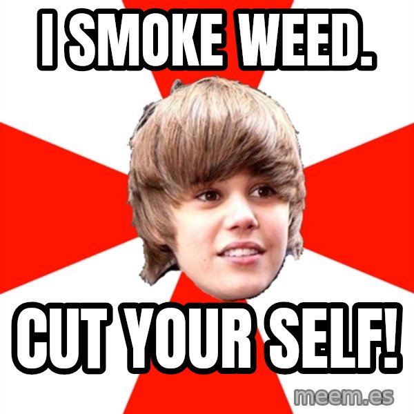Justin Bieber meme: I SMOKE WEED. / CUT YOUR SELF!