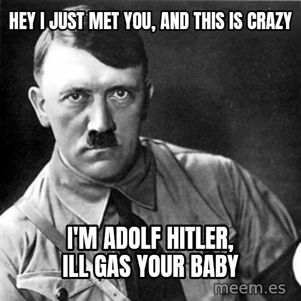 Hitler meme: hey i just met you, and this is crazy / i'm adolf hitler, ill gas your baby