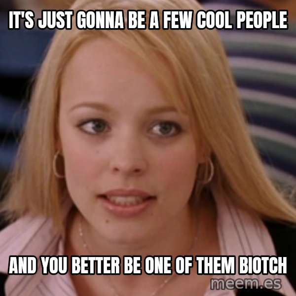 mean girls meme: iT'S JUST GONNA BE A FEW COOL PEOPLE / and you better be ONE OF THEM BIOTCH