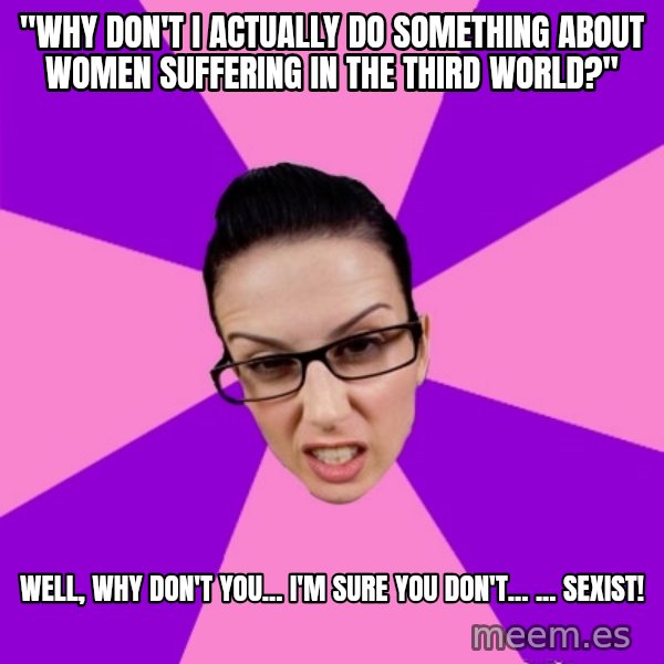 Privilege Denying Feminist meme: "why don't I actually do something about women suffering in the third world?" / well, why don't you... i'm sure you don't... ... SEXIST!