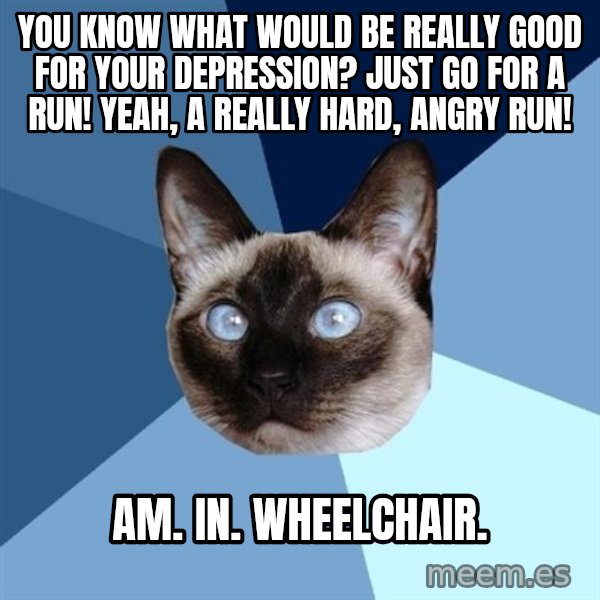 Chronic Illness Cat meme: You know what would be really good for your depression? Just go for a run! Yeah, a really hard, angry run! / am. In. Wheelchair.