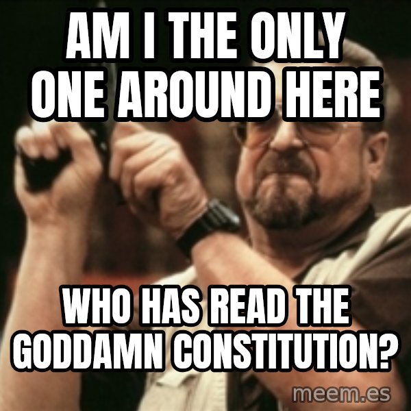 Walter Sobchak with gun meme: am i the only one around here / who has read the goddamn constitution?