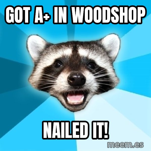 Lame Pun Coon meme: got A+ in woodshop / nailed it!