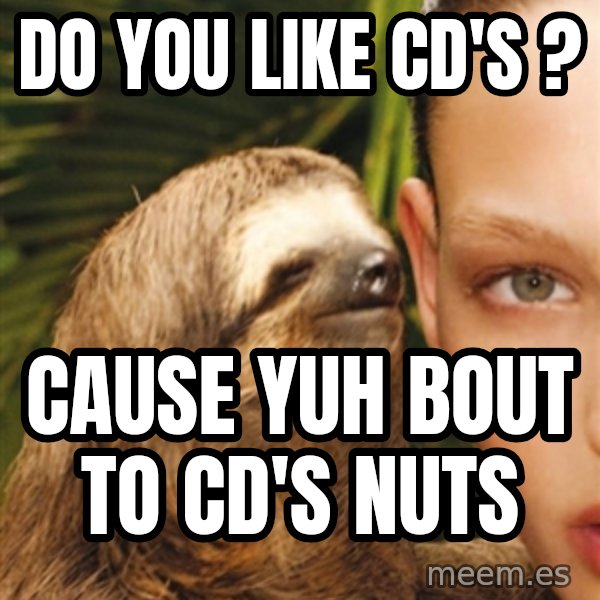 The Rape Sloth meme: do you like CD'S ? / CAUSE YUH BOUT TO cd'S NUTS