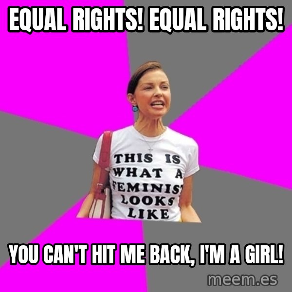 Feminist Cunt meme: equal rights! equal rights! / you can't hit me back, I'm a girl!