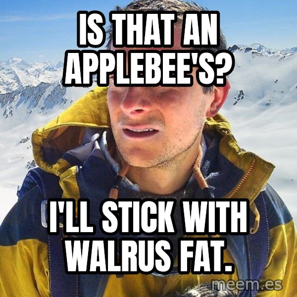 Bear Grylls meme: Is that an applebee's? / I'll stick with walrus fat.