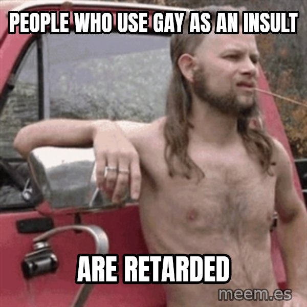 Almost Politically Correct Redneck meme: people who use gay as an insult / are retarded