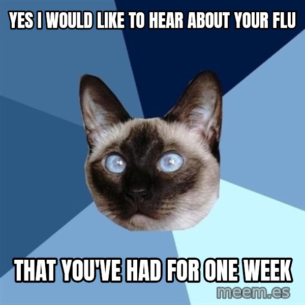 Chronic Illness Cat meme: yes i would like to hear about your flu / that you've had for one week