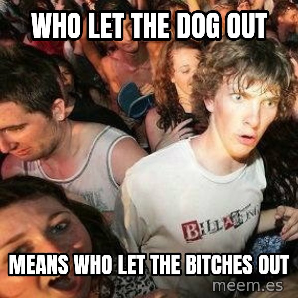 -Sudden Clarity Clarence meme: Who let the dog out / means who let the bitches out