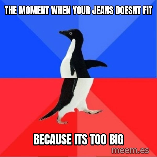 Socially Awkward to Awesome Penguin meme: the moment when your jeans doesnt fit / because its too big