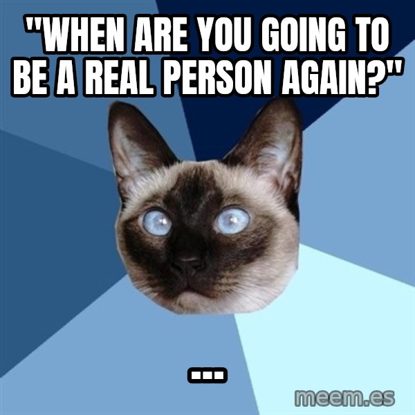 Chronic Illness Cat meme: "When are you going to be a real person again?" / ...