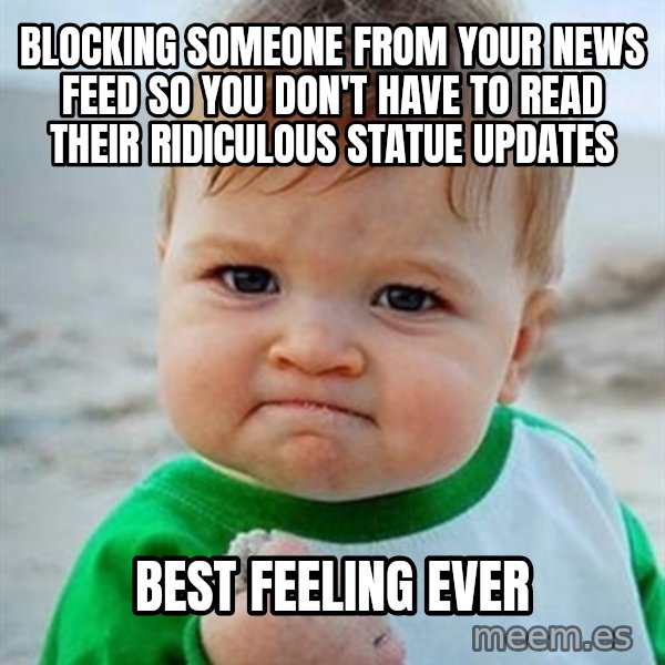 Victory Baby meme: Blocking someone from your news feed so you don't have to read their ridiculous statue updates / Best feeling ever