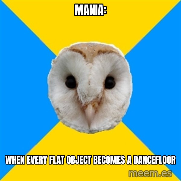 Bipolar Owl meme: mania: / When every flat object becomes a dancefloor