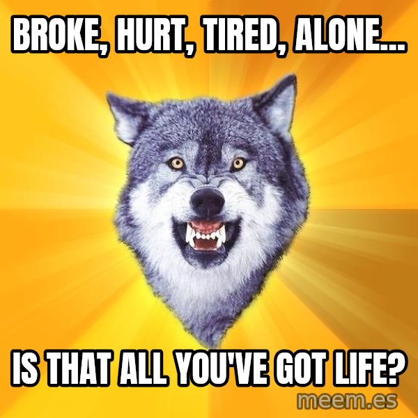 Courage Wolf meme: Broke, hurt, Tired, Alone... / Is that all you've got Life?