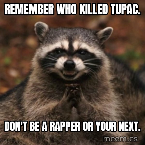 evil raccoon meme: remember who killed tupac. / don't be a rapper or your next.