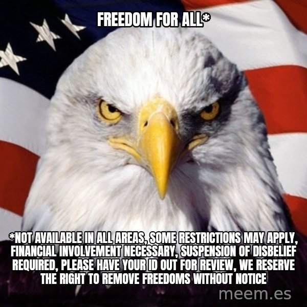 American Pride Eagle meme: freedom for all* / *not available in all areas, some restrictions may apply, financial involvement necessary, suspension of disbelief required, please have your id out for review, we reserve the right to remove freedoms without notice