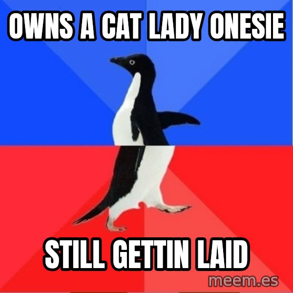 Socially Awkward to Awesome Penguin meme: Owns a cat lady Onesie / Still gettin laid