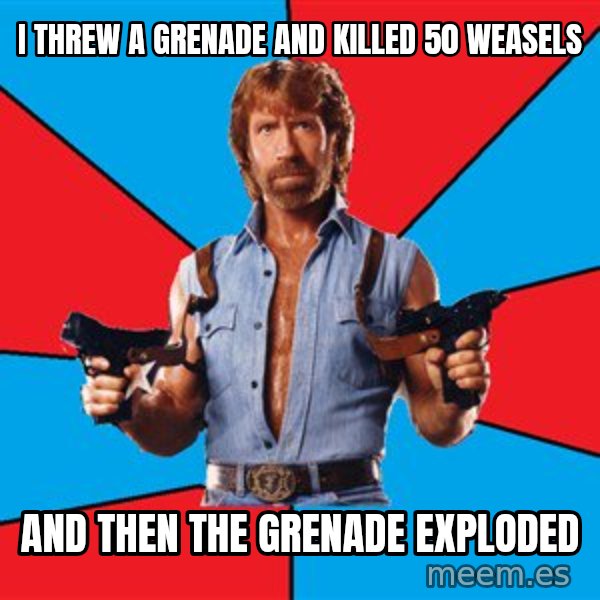 Chuck Norris  meme: i threw a grenade and killed 50 weasels / and then the grenade exploded