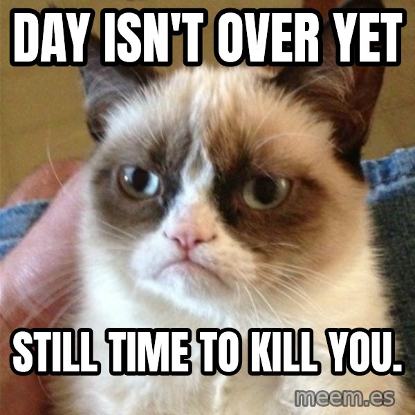 Grumpy Cat  meme: day isn't over yet / still time to kill you.