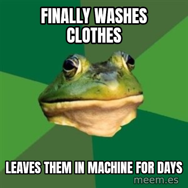 Foul Bachelor Frog meme: finally washes clothes / Leaves them in Machine for Days