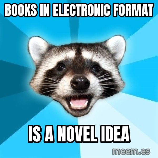 Lame Pun Coon meme: books in electronic format / is a novel idea