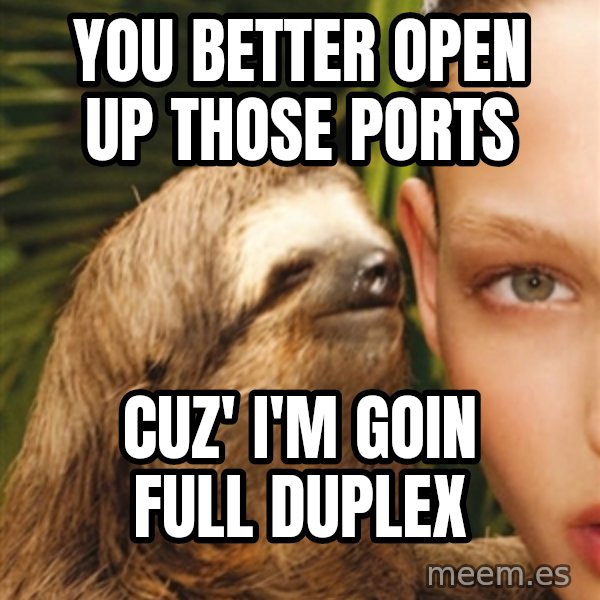 The Rape Sloth meme: You better Open up those ports / Cuz' I'm goin full duplex