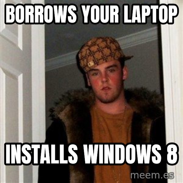 Scumbag Steve meme: Borrows your laptop / Installs windows 8