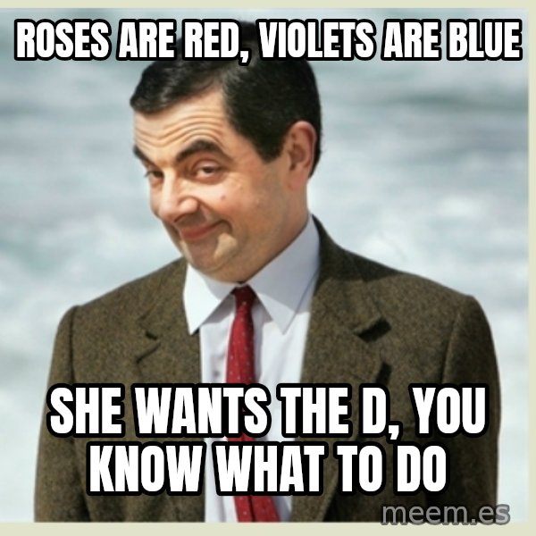 MR bean meme: Roses are red, violets are blue / she wants the d, you know what to do