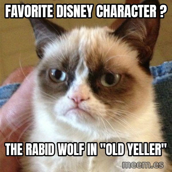 Grumpy Cat  meme: FAVORITE DISNEY CHARACTER ? / The rabid wolf in "old yeller"