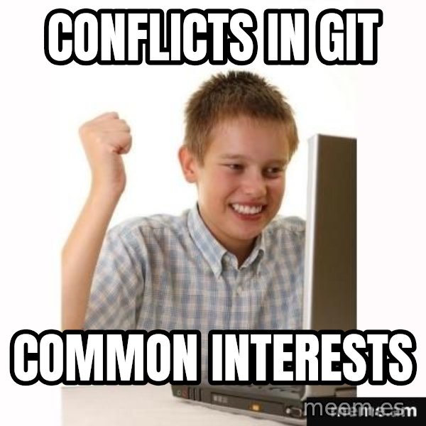 Computer kid meme: conflicts in git / common interests