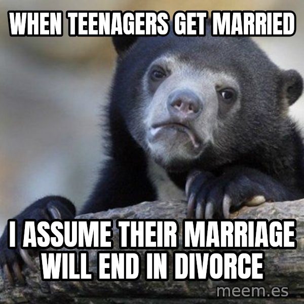 Confession Bear meme: when teenagers get married / i assume their marriage will end in divorce