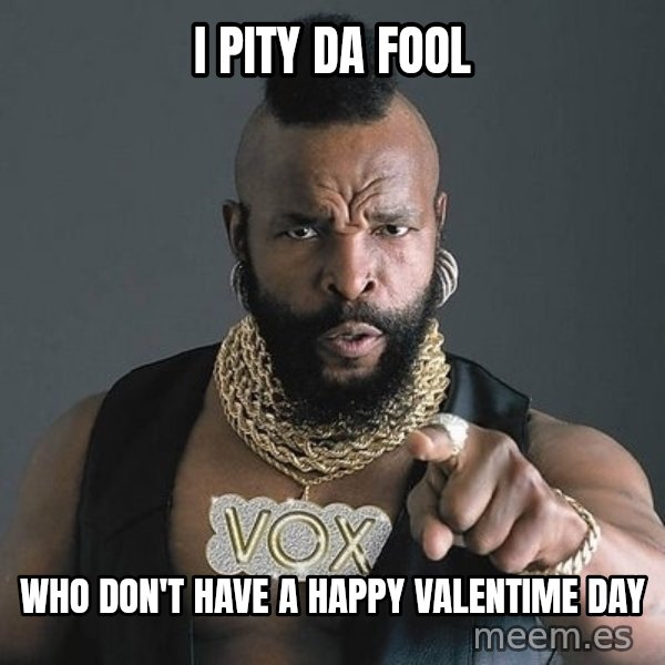 Mr T meme: I PITY DA FOOl / WHO DON't HAVE A HAPPY VALENTIME DAY