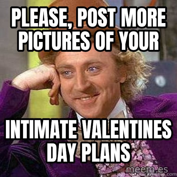 Willy Wonka meme: PLease, post more pictures of your / intimate Valentines day plans
