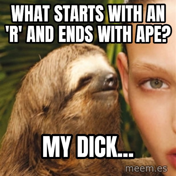 The Rape Sloth meme: What starts with an 'r' and ends with ape? / My dick...