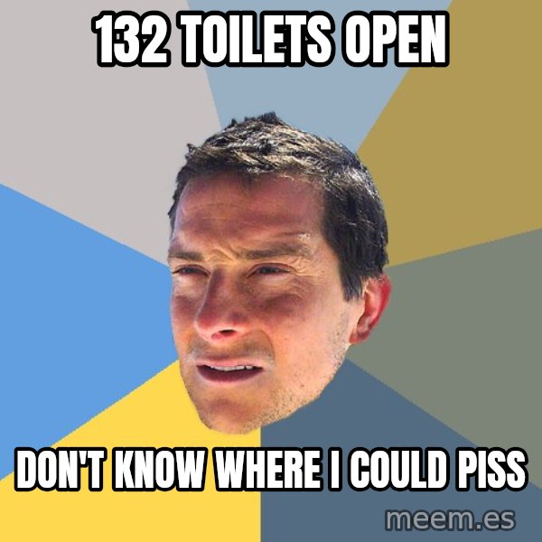 Bear Grylls meme: 132 toilets open / don't know where i could piss