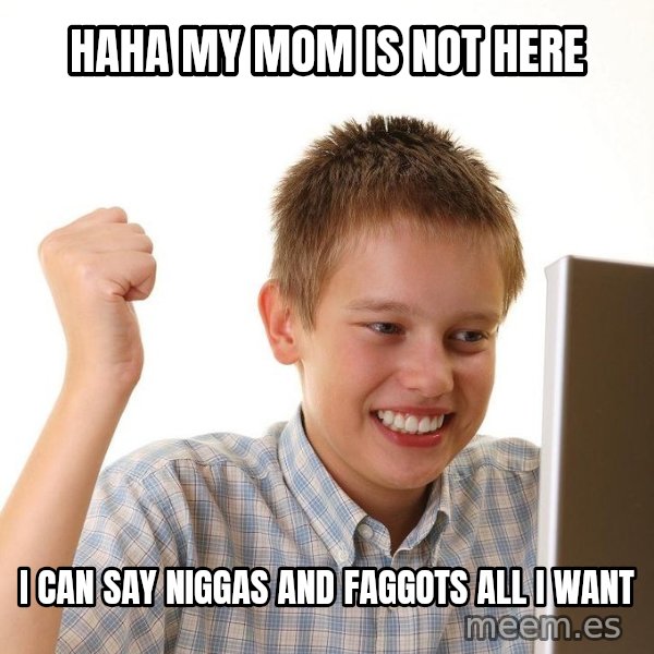 First Day on the internet kid meme: HAHA MY MOM IS NOT HERE / I CAN SAY NIGGAS AND FAGGOTS ALL I WANT