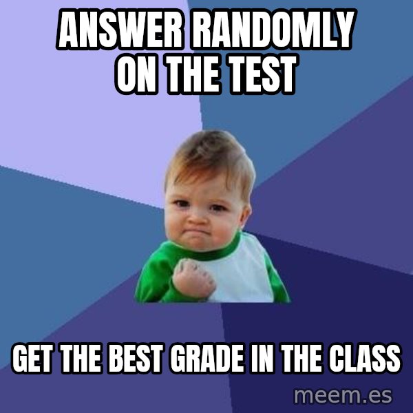 Success Kid meme: answer randomly on the test / get the best grade in the class