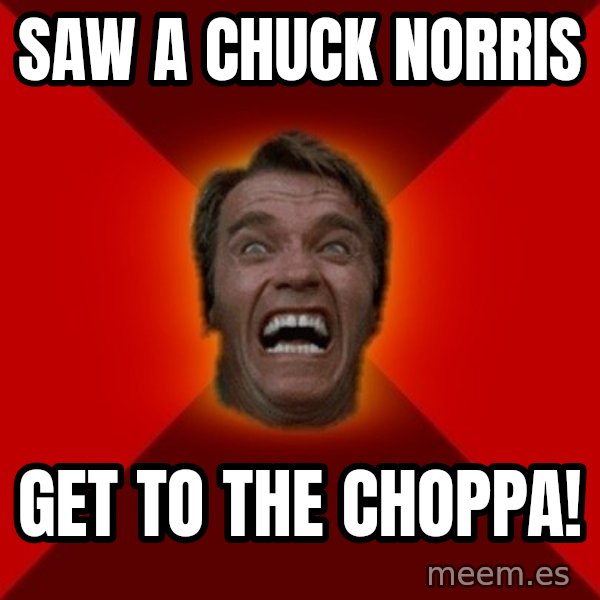 Angry Arnold meme: saw a chuck norris / GET TO THE CHOPPA!
