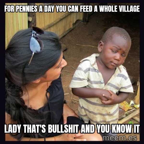 Skeptical third-world kid meme: for pennies a day you can feed a whole village / lady that's bullshit and you know it