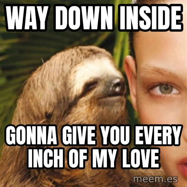 The Rape Sloth meme: Way down inside / gonna give you every inch of my love