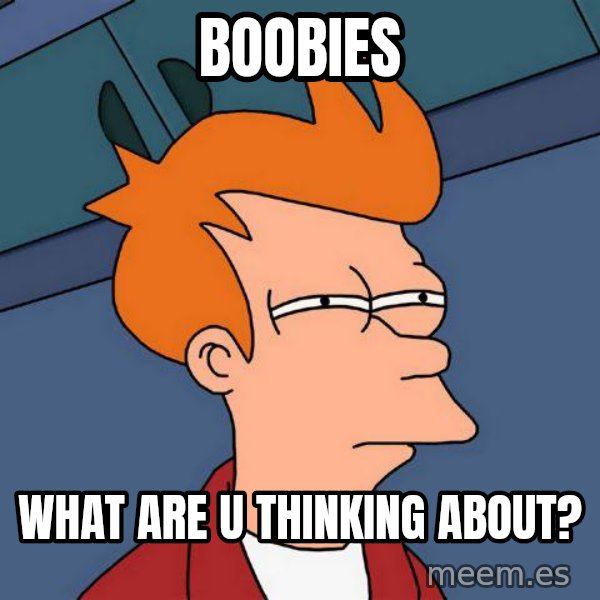 Futurama Fry meme: boobies / what are u thinking about?